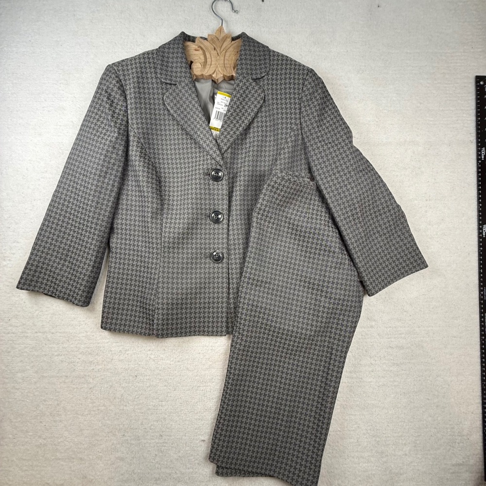 Le Suit Womens Grey Multi Houndstooth 2 Piece Pant Suit Set Size 14 NWT office